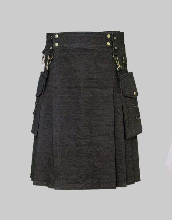 Black Denim Utility Kilt With Corgo Packets