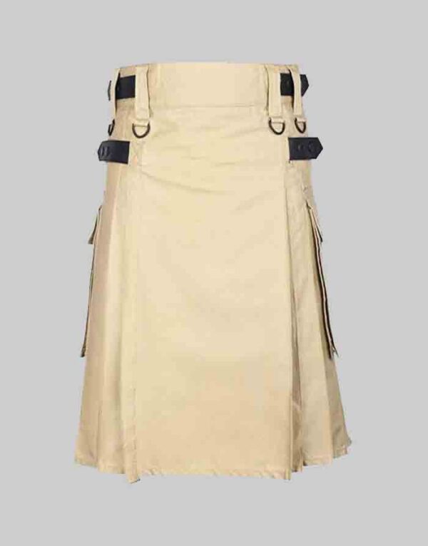 Khaki Utility Kilt With Leather Straps