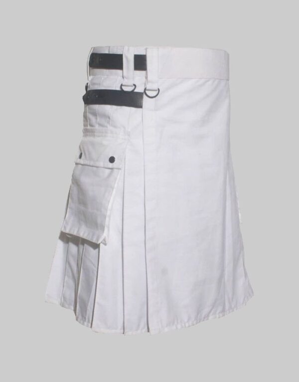 White Utility Kilt With Leather Straps
